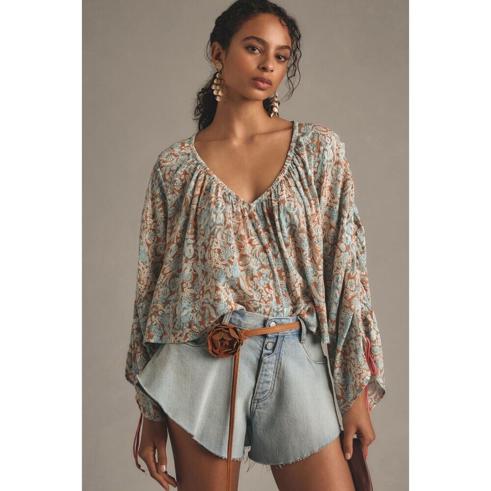 Anthropologie Cropped Blouse Cottage Core Babydoll V Neckline Oversized Size XS
